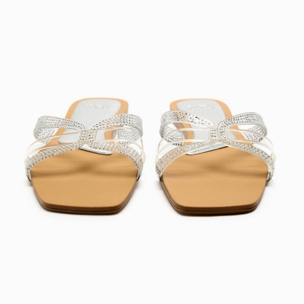 ZARA LIMITED EDITION RHINESTONE FLAT VINYL SANDALS - Picture 2 of 5